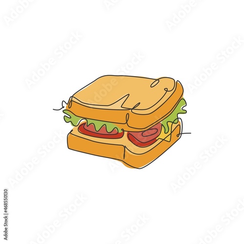 One single line drawing of fresh sandwich logo vector graphic art illustration. Hot dog fast food cafe menu and restaurant badge concept. Modern continuous line draw design street food logotype