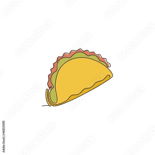 One single line drawing of fresh Mexican taco logo vector graphic illustration. Fast food cafe menu and Mexico restaurant badge concept. Modern continuous line draw design street food logotype