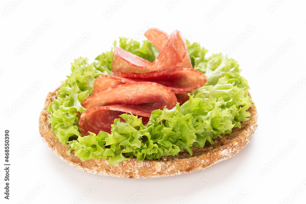 Sandwich with salami sausage on white background. Sandwich with salami sausage on white background.