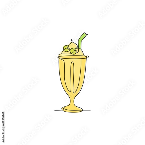 Single continuous line drawing stylized topping milkshake drink shop logo label. Emblem drink store concept. Modern one line draw design vector graphic illustration for cafe or food delivery service