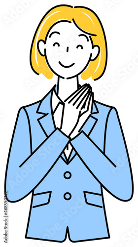 よいアイデアを思いついて笑顔になっているスーツ姿の可愛い女性 イラスト ベクター Cute woman in a suit smiling with a good idea illustration vector