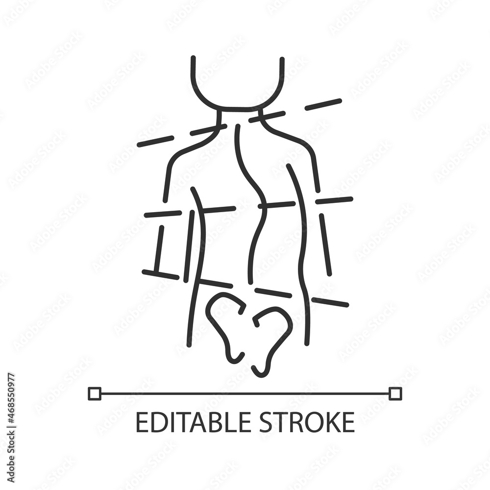 Idiopathic scoliosis linear icon. Spine abnormal curvature. Backbone deformation. Spinal problems. Thin line customizable illustration. Contour symbol. Vector isolated outline drawing. Editable stroke