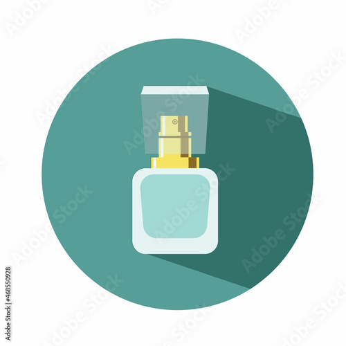 Bottle with spray of toilet water or perfume flat vector icon isolated on blue background