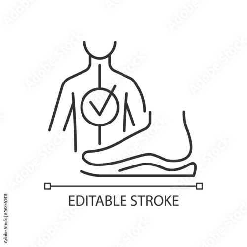 Orthotics linear icon. Foot orthoses. Foot pad. Scoliosis prevention. Posture correction. Thin line customizable illustration. Contour symbol. Vector isolated outline drawing. Editable stroke