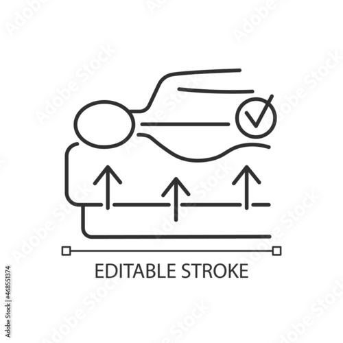 Spine mattress linear icon. Orthopedic mattress. Back pain prevention. Natural sleeping pose. Thin line customizable illustration. Contour symbol. Vector isolated outline drawing. Editable stroke