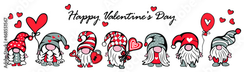 Set of cute gnomes for valentine day with hats, balloons and hearts. Can be used for poster, greeting cards, banners and stickers. Vector illustration