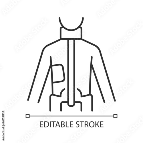 Milwaukee brace linear icon. Spinal orthosis. Scoliosis preventing corset. Nonsurgical treatment. Thin line customizable illustration. Contour symbol. Vector isolated outline drawing. Editable stroke
