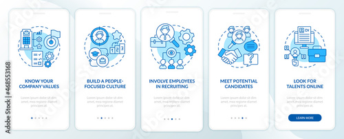 Attracting top clients blue onboarding mobile app page screen. Employees hunting walkthrough 5 steps graphic instructions with concepts. UI, UX, GUI vector template with linear color illustrations