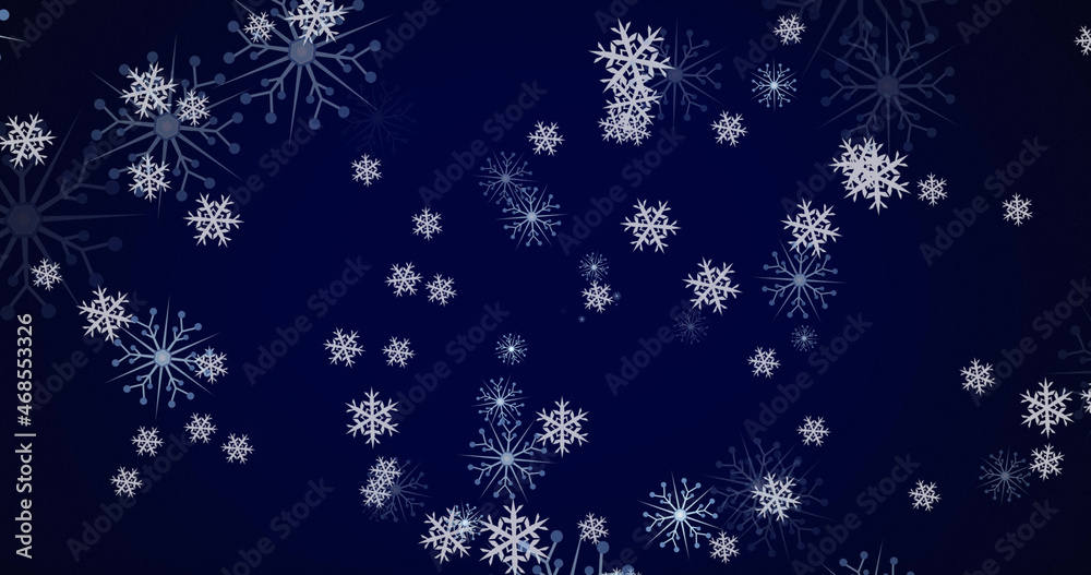 Image of christmas snowflakes falling on dark blue background Image of christmas snowflakes falling on dark blue background