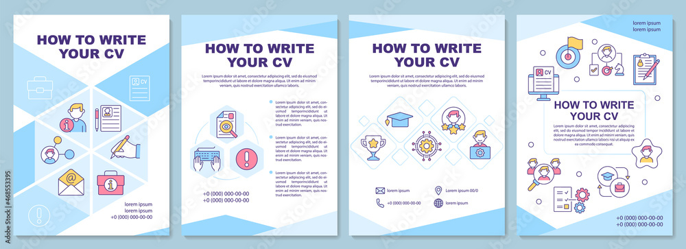 How to write your cv brochure template. Highlight skills in resume. Flyer, booklet, leaflet print, cover design with linear icons. Vector layouts for presentation, annual reports, advertisement pages