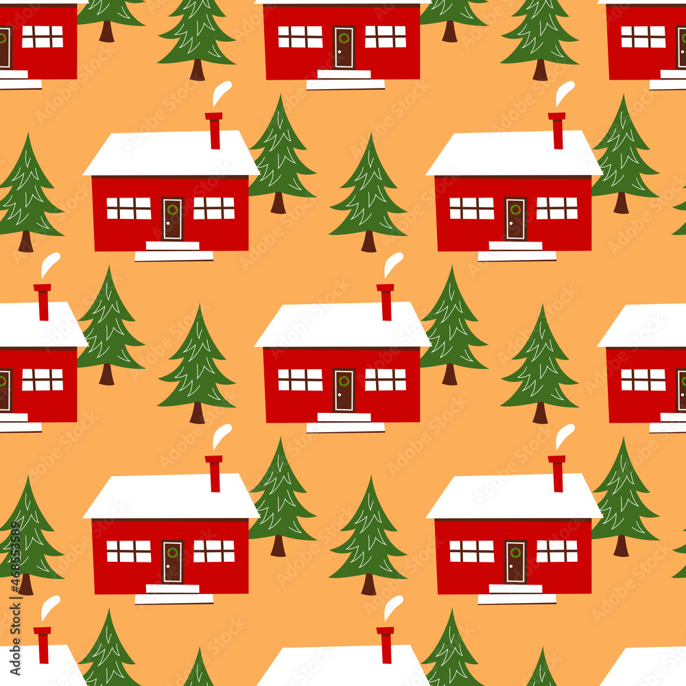 Christmas seamless pattern. Lovely red houses and green Christmas trees. Vector illustration.