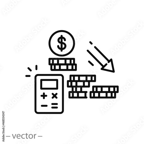 calculate loss icon, down income, financial drop, accountancy concept, economy crisis, graph down, audit, thin line symbol - editable stroke vector illustration