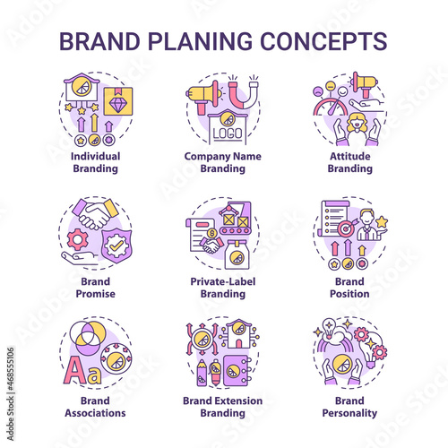 Brand planning concept icons set. Marketing strategy. Service promotion. Customer experience. Business value idea thin line color illustrations. Vector isolated outline drawings. Editable stroke © bsd studio