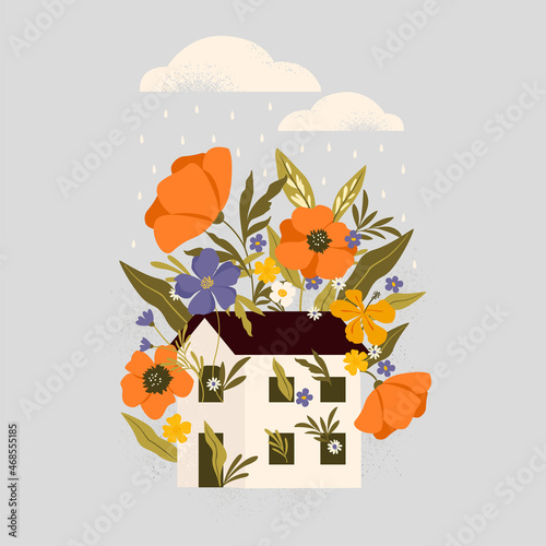 Flowers growing inside a tiny house. HOME SWEET HOME. Lovely house surrounded by bright colors. Print, card, poster, postcard, banner design element.