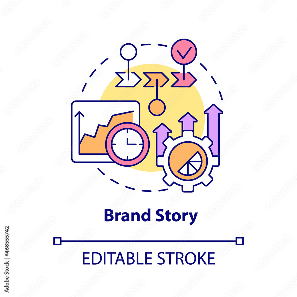 Brand story concept icon. Narrative advertising for company. Business narrative. Brand planning abstract idea thin line illustration. Vector isolated outline color drawing. Editable stroke