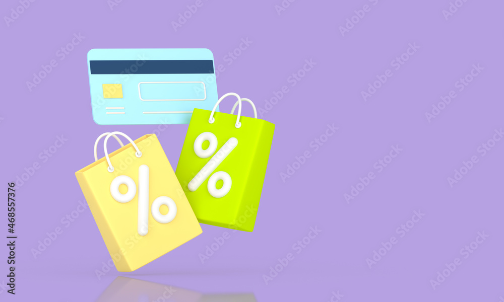 Paper bags with a credit card. 3D render. Business and retail sales discount concept.