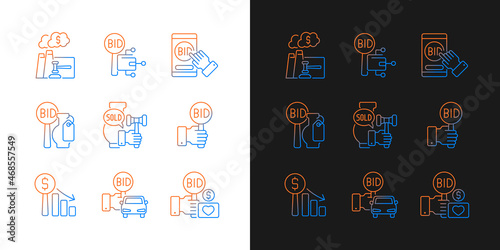 Types of auctions gradient icons set for dark and light mode. Bidding for vehicles and fine art. Thin line contour symbols bundle. Isolated vector outline illustrations collection on black and white
