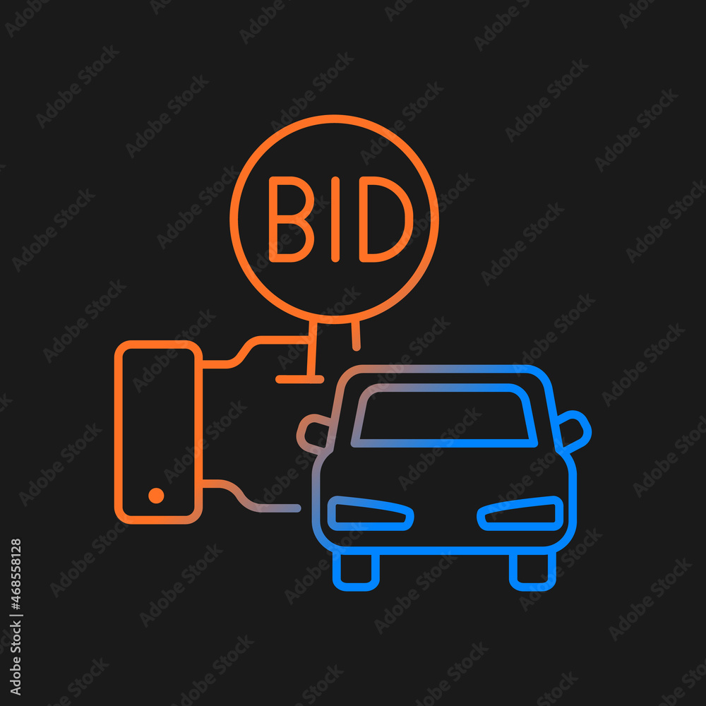 Vehicle auction gradient vector icon for dark theme. Bidding paddle. Auto selling. Bargaining win. Highest offer wins. Thin line color symbol. Modern style pictogram. Vector isolated outline drawing Vehicle auction gradient vector icon for dark theme. Bidding paddle. Auto selling. Bargaining win. Highest offer wins. Thin line color symbol. Modern style pictogram. Vector isolated outline drawing
