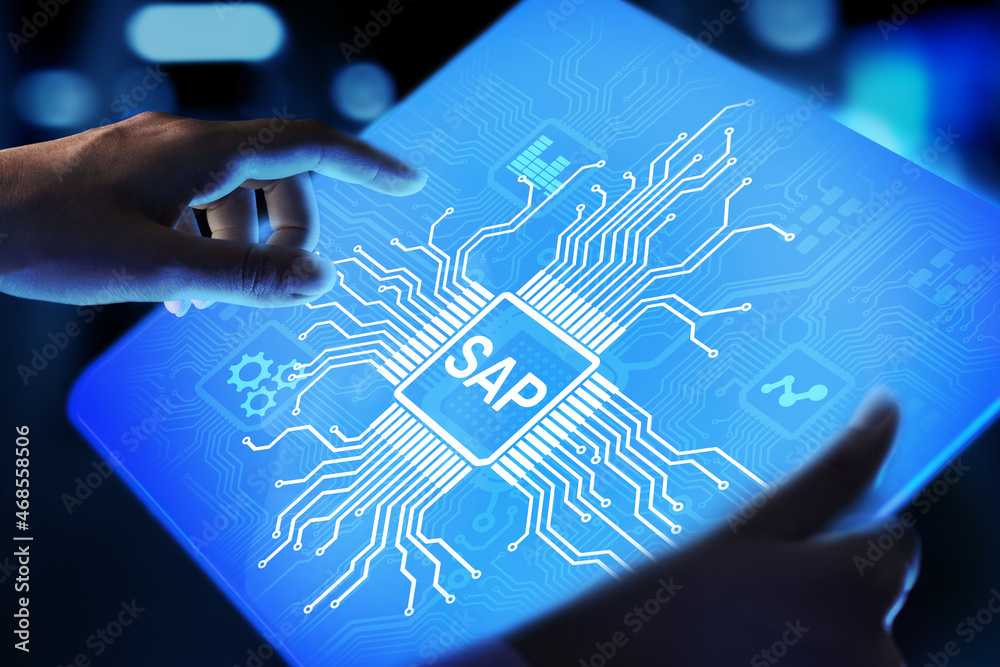 SAP - Business process automation software. ERP enterprise resources planning system concept on virtual screen. SAP - Business process automation software. ERP enterprise resources planning system concept on virtual screen.