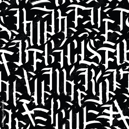 Vector seamless pattern with ornate Latin letters. Black and white texture of english alphabet letters. Suitable for wallpaper, wrapping paper, fabric. Repeating background of capital Gothic letters