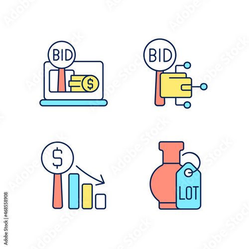 Electronic auctioning RGB color icons set. Online bargaining. Dutch auction. Bidding for fine art objects. Isolated vector illustrations. Simple filled line drawings collection. Editable stroke