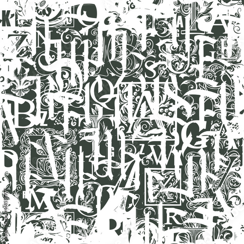 Abstract seamless pattern with gothic capital letters and hand-drawn initial letters in grunge style. Monochrome vector background, repeatable aged texture. Vintage wallpaper, wrapping paper or fabric