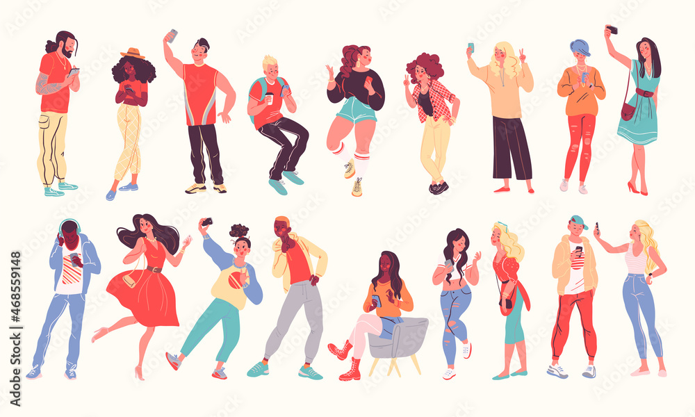 Set of young people full weight portraits using phones, listening music in headphones, dancing, making selfie and video calls, chatting. Multiethnic teens characters. Vector flat cartoon illustration.