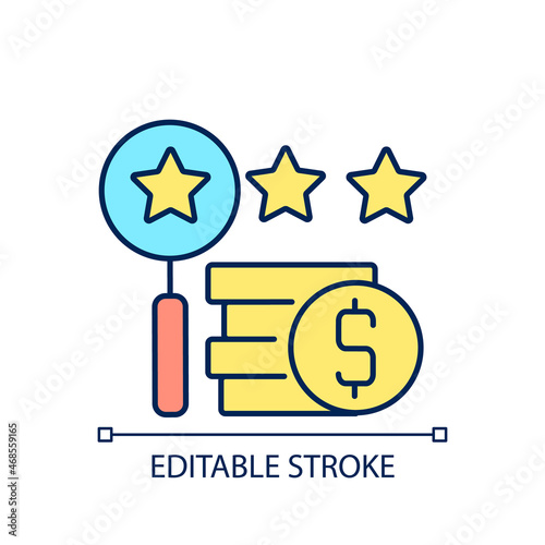 Appraising process RGB color icon. Item expertising. Examine and inspect antiques and property. Valuation and assessment. Isolated vector illustration. Simple filled line drawing. Editable stroke