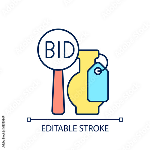 Art auction RGB color icon. Bidding for contemporary piece of art. Exclusive antiques selling. Fine art exhibition and sale. Isolated vector illustration. Simple filled line drawing. Editable stroke