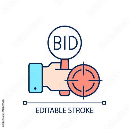 Auction sniping RGB color icon. Bidding competition online. Sniping software. Overbid rivals. Highest bid wins. Isolated vector illustration. Simple filled line drawing. Editable stroke