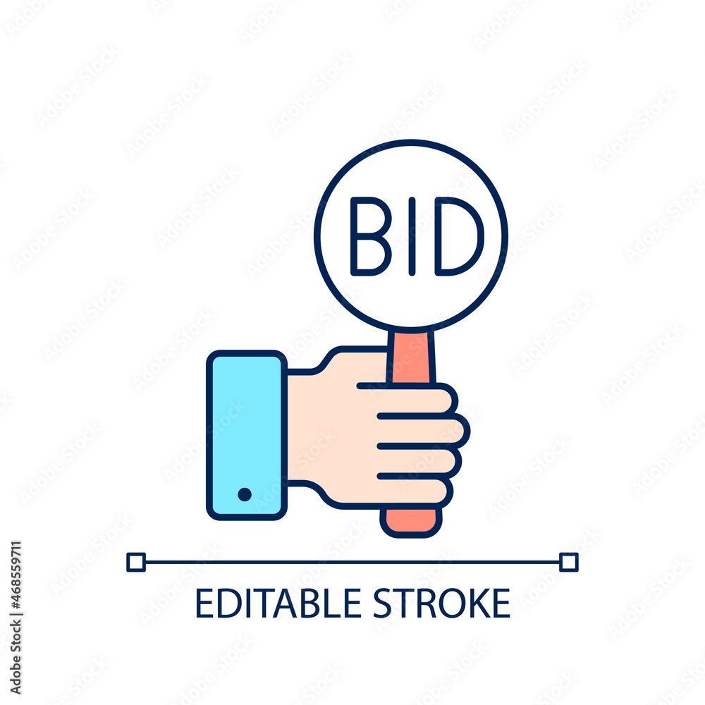 Bidding RGB color icon. Offering highest price to win. Bargaining for item. Auction participants. Public sales. Isolated vector illustration. Simple filled line drawing. Editable stroke Bidding RGB color icon. Offering highest price to win. Bargaining for item. Auction participants. Public sales. Isolated vector illustration. Simple filled line drawing. Editable stroke