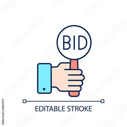 Bidding RGB color icon. Offering highest price to win. Bargaining for item. Auction participants. Public sales. Isolated vector illustration. Simple filled line drawing. Editable stroke