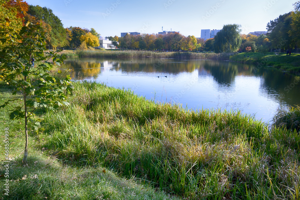 Beautiful lake in the city park in the autumn season