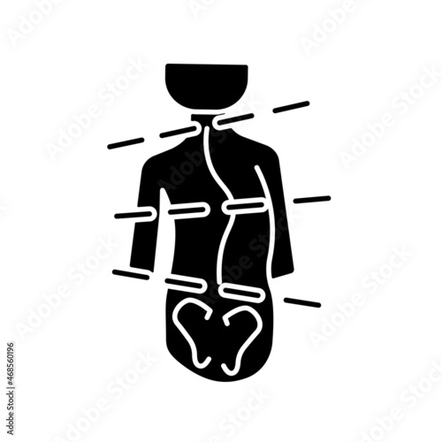 Idiopathic scoliosis black glyph icon. Spine abnormal curvature. Backbone deformation. Adolescent scoliosis symptom. Spinal problems. Silhouette symbol on white space. Vector isolated illustration photo