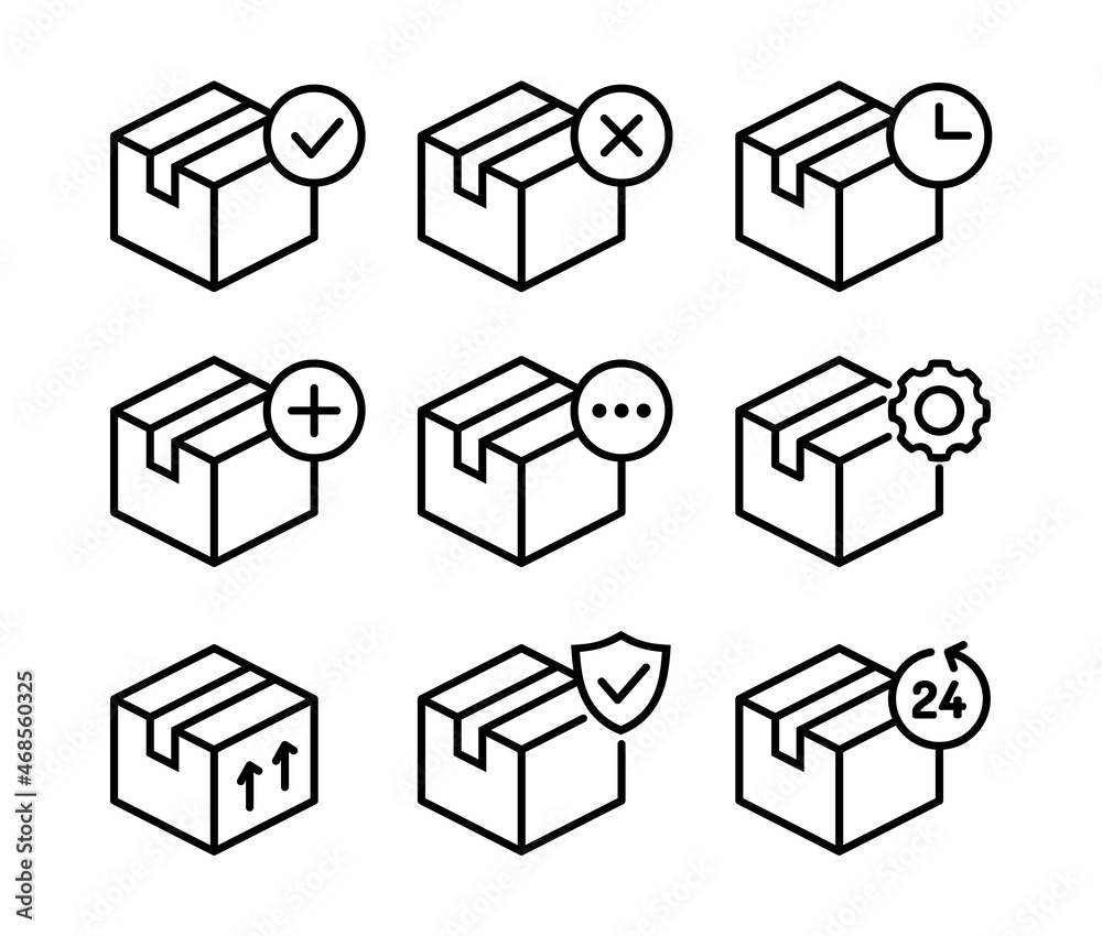 Delivery box line icon set. Shipping, packaging, transportation concept. Collection of different cardboard packages. Free, safe, on time shipment. Cargo distribution. Vector illustration, clip art. 