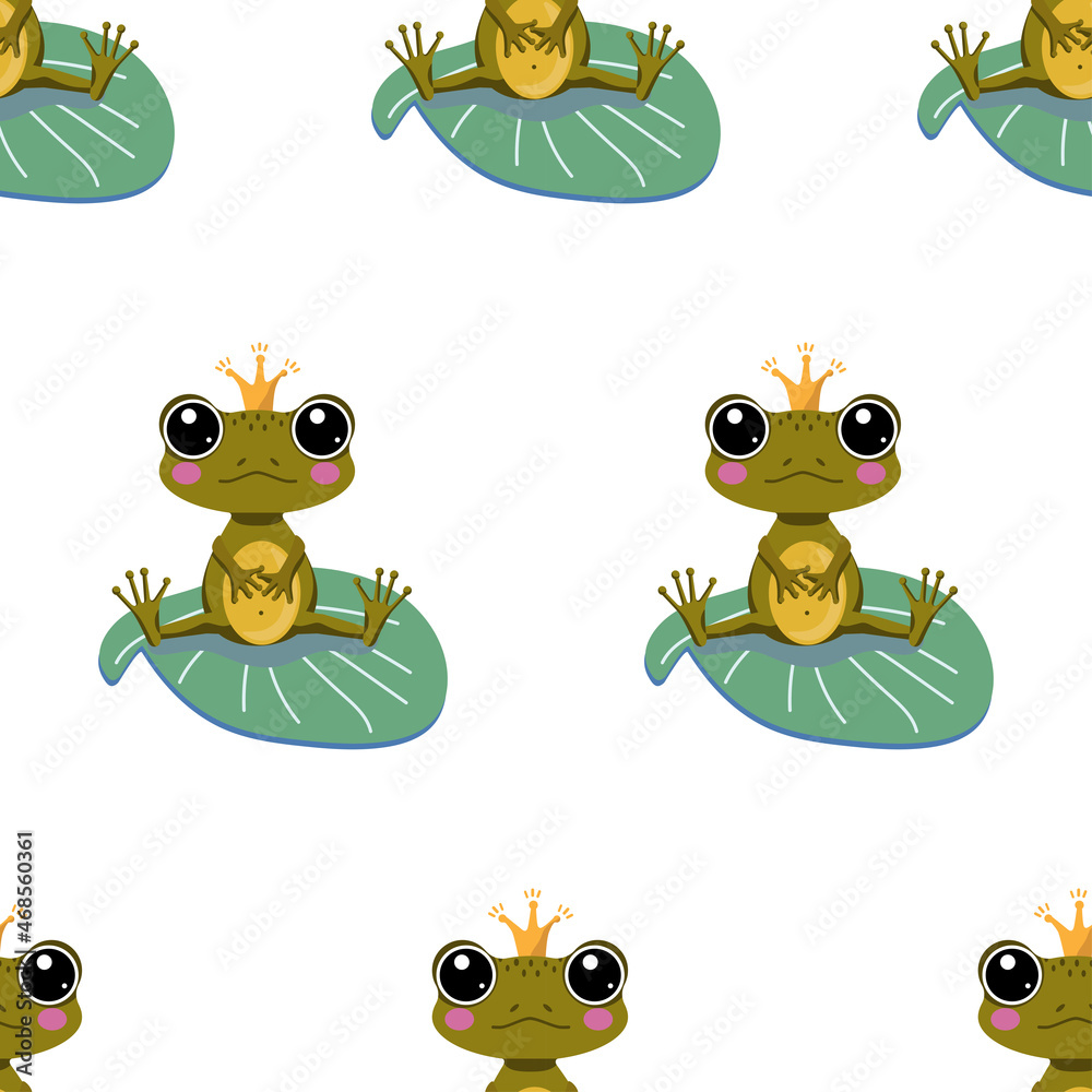 Seamless pattern with cute, cartoon frogs sitting on a water lily leaf ...