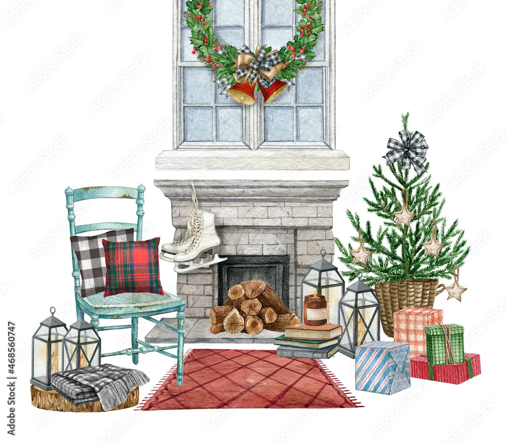 Watercolor Rustic Farmhouse Style Christmas Interior Vintage Chair With Plaid Pillow Fireplace Christmas Tree Present Box Lantern Book And Candle Scandinavian Style Winter Cozy Home Composition Stock イラスト Adobe Stock