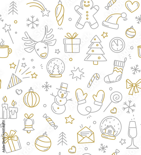 Merry Christmas Happy New Year seamless background pattern.