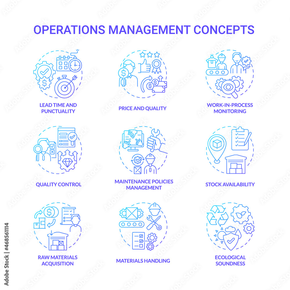 Operations management blue gradient concept icons set. Lead time, punctuality. Price and quality. Production efficiency control idea thin line color illustrations. Vector isolated outline drawings