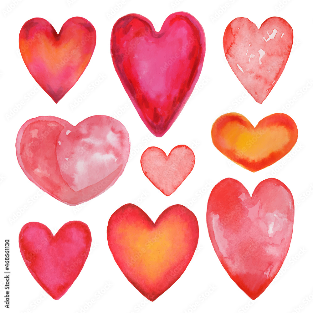 Hand painted in watercolor Valentines hearts set isolated on white background