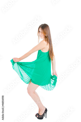 Happy Young Woman in Green Dress
