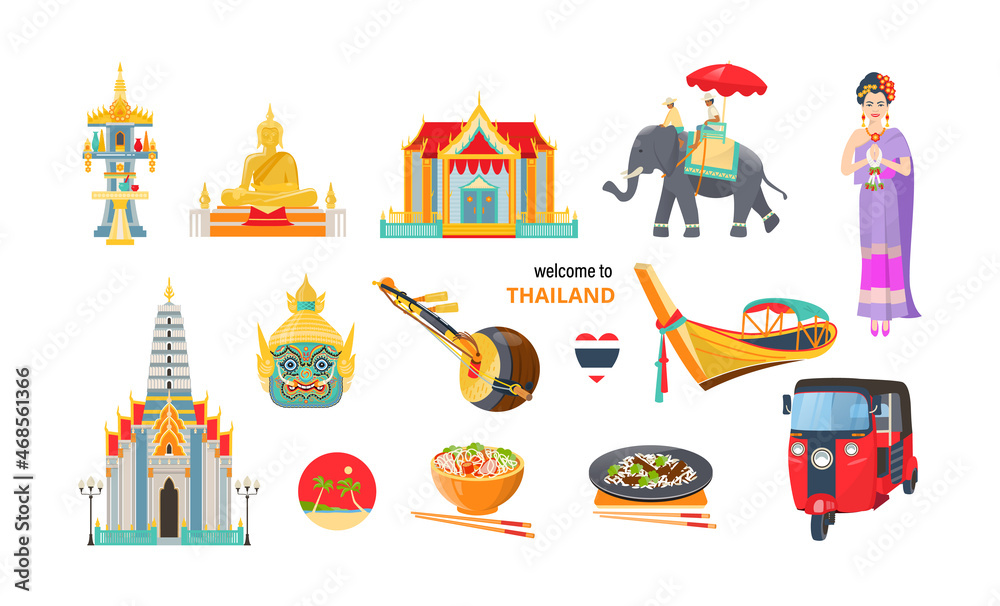 Thailand travel elements set. Asian woman in traditional clothes, elephant, Buddha, heart flag
