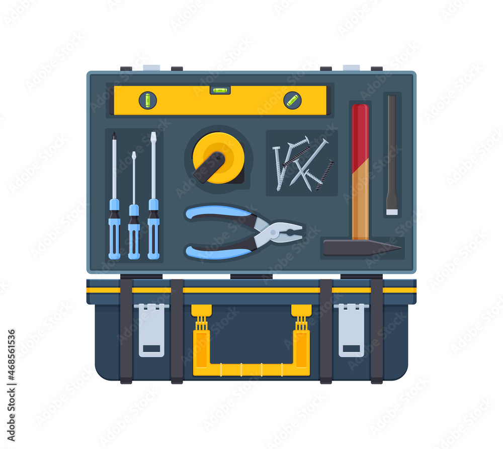 Kit household instruments open box. Craftsman equipment for repair and construction. Toolbox case