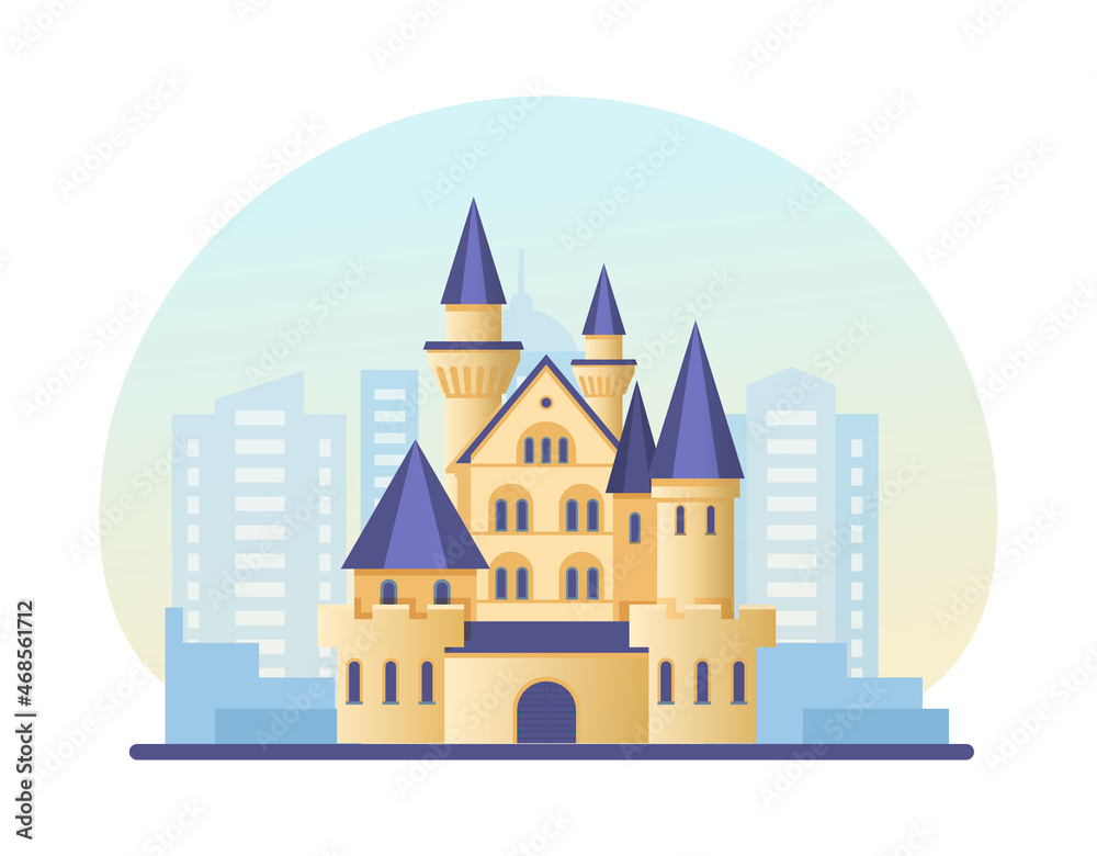 Fairytale castle at modern skyscrapers cityscape. Landscape luxury cottage with towers city building