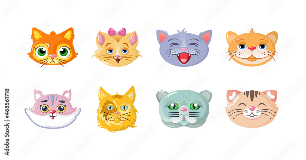 Funny childish cat muzzle set. Cute kitty faces heads confident and smiling