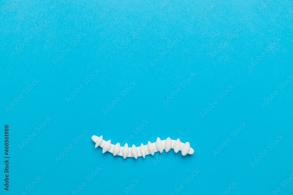 Spine with pills on a blue background. Back pain and treatment. Inflammation in the lower back. Copy space.
