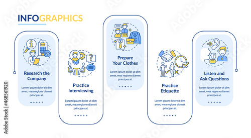 Preparing for job interview vector infographic template. Presentation outline design elements. Data visualization with 5 steps. Process timeline info chart. Workflow layout with line icons