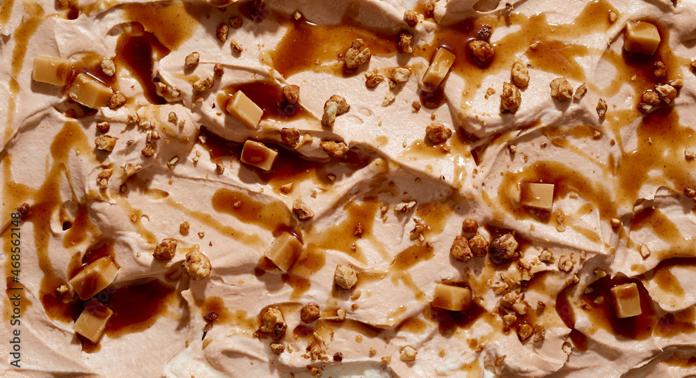 Gourmet caramel ice cream with walnuts and candy Gourmet caramel ice cream with walnuts and candy