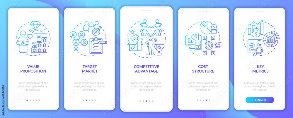 Business model components gradient onboarding mobile app page screen. Company walkthrough 5 steps graphic instructions with concepts. UI, UX, GUI vector template with linear color illustrations