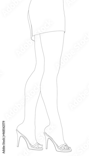 The contour of slender female legs in high heels in a short skirt of black lines isolated on a white background. Vector illustration